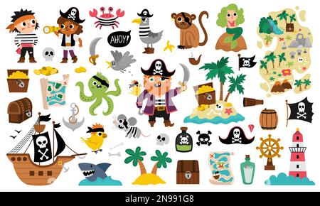 Vektor-Piraten-Set. Süße Sea Adventures Icons Kollektion. Treasure Island Illustrationen mit Schiff, Kapitän, Matrosen, Truhe, Karte, Papagei, Affe, Karte. F Stock Vektor