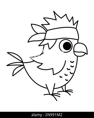 Vector schwarz-weiße Piratenatensymbol. Süße Linie Seevogel Illustration. Schatzinsel-Jäger in Bandana. Lustige Piratenparty für Kinder. Tr Stock Vektor