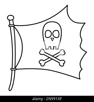 Symbol für schwarze und weiße Piratenflagge. Leinenjäger-Wimpel mit gekreuzten Knochen und Schädelbild. Umreißen Sie das Marineräuber-Banner. Schatzsuche Elle Stock Vektor