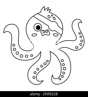 Vektorsymbol für schwarz-weiße Piratenoktopus. Süße Linie, Meerestier-Illustration. Schatzinsel-Jäger mit Augenklappe. Komisches Piratenparteielemma Stock Vektor