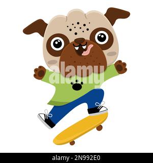 Vektor-Cartoon-Pug. Anthropomorphe Hunde, die Extremsport treiben. Lustiger Schlittschuhhhhund. Süße Tierbilder für Kinder. Lustige kleine Tierfigur mit Skatebo Stock Vektor