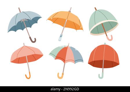 Set mit verschiedenen Regenschirmen. Schirme öffnen. Verschiedene Drucke. Handgezeichnete farbige Vektordarstellung. Flacher Stil. Stock Vektor