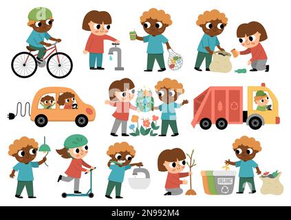 Ökologischer Vektor mit Kindern. Süße umweltfreundliche Kinderkollektion. Jungs und Mädchen sparen Wasser, Energie, Pflanzen säen, die Umwelt schonen, also Stock Vektor