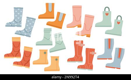 Satz Gummistiefel, verschiedene Farben und Formen. Vektor isoliert auf weißem Hintergrund. Stock Vektor