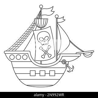 Vector schwarz-weiß Piratenschiff-Ikone. Süßes Seeschiff. Schatzinsel-Jägerboot mit Segeln, Totenkopf und gekreuzten Knochen. Komischer pir Stock Vektor