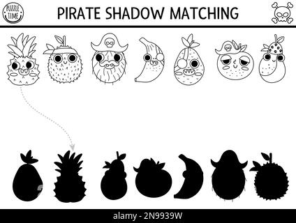 Schwarze und weiße Piratenschatten-Aktivität. Puzzle mit süßen Obstpiraten zur Schatzinsel-Jagdlinie. Suchen Sie das richtige Arbeitsblatt zum Ausdrucken der Silhouette Stock Vektor