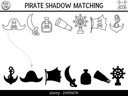 Piraten-Schwarz-Weiß-Schatten-Matching-Aktivität. Puzzle mit süßem Hut, Zobel, Flasche, Anker, Flagge. Suchen Sie die richtige Silhouette Stock Vektor