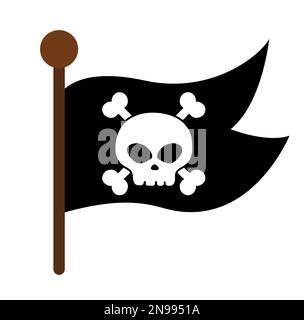 Piratenflaggensymbol. Jägerschiff-Wimpel mit gekreuzten Knochen und Schädel-Illustration. Schwarzer Seeräuber-Banner. Schatzjagd-Element isoliert auf Weiß Stock Vektor