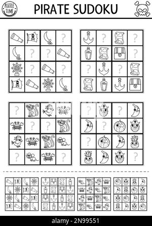 Sudoku-Vektorpiraten-Puzzle für Kinder mit Bildern. Einfaches Schatzinsel-Quiz mit Antwort. Bildungsaktivität oder Ausmalseite. Stock Vektor