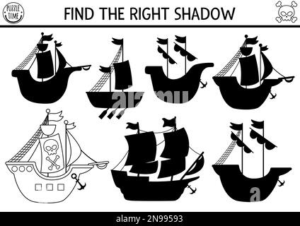 Piraten-Schwarz-Weiß-Schatten-Matching-Aktivität. Puzzle mit Piratenschiffen zur Schatzinsel-Jagdlinie. Suchen Sie das richtige Arbeitsblatt für die Silhouette. Abenteuer auf dem Meer Stock Vektor