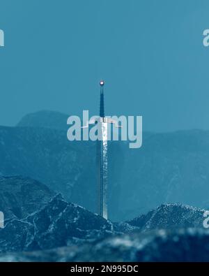 3D Schwert im Stein mit surrealem Hintergrund Stockfoto