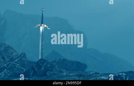 3D Schwert im Stein mit surrealem Hintergrund Stockfoto