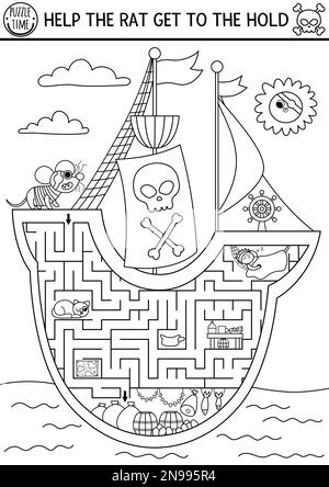 Piratenlabyrinth in Schwarz und Weiß für Kinder mit Meereslandschaft und Schiffsinterieur. Schatzsuche Vorschule druckbare Aktivität. Sea Adventures Coloring laby Stock Vektor