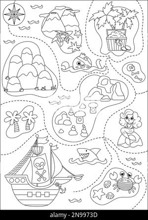 Vector Schwarzweiß Schatzinsel Karte mit Piratenschiff, Meerjungfrau, Tintenfisch. Süße tropische Meeresinseln mit Sand, Palmen, Vulkan, Felsen. Tre Stock Vektor