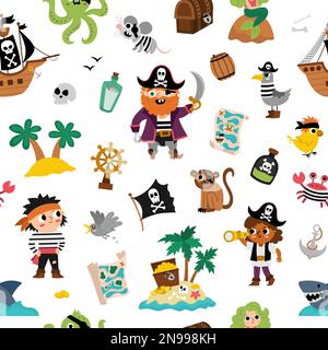 Vektor-Piraten-Nahtloses Muster. Süße Abenteuer auf dem Meer wiederholen sich im Hintergrund. Digitales Papier von Treasure Island mit Schiff, Kapitän, Matrosen, Truhe, Karte, Papagei, Stock Vektor
