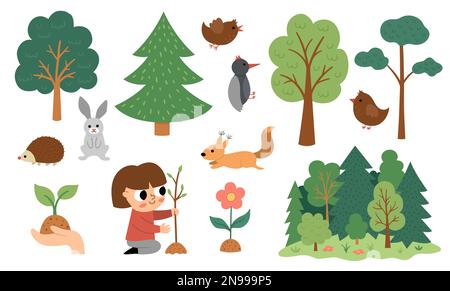 Vektorwald mit Weibchen, Pflanzen, Bäumen, Tieren, Vögeln. Entwaldung oder Sammlung von Umweltbewusstsein. Süßes Pflanzbaumkonzept. Erde Stock Vektor