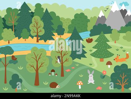 Wilde Waldlandschaft mit Bäumen, Bergen, Tieren, Vögeln. Frühlings- oder Sommerwälder mit Blumen, Pflanzen, Pilzen. Wilde Naturlandschaft Stock Vektor