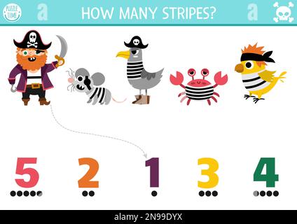 Die Zahlen des Piratenspiels lassen sich den Tieren in gestreiften Hemden zuordnen. Schatzinsel jagen Mathematik-Aktivitäten für Vorschulkinder. Sea Adventures lehrreiche printa Stock Vektor