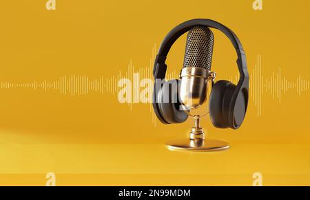 Goldenes Mikrofon, schwarze Kopfhörer und Schallwelle auf gelbem Hintergrund. 3D-Rendering. Stockfoto