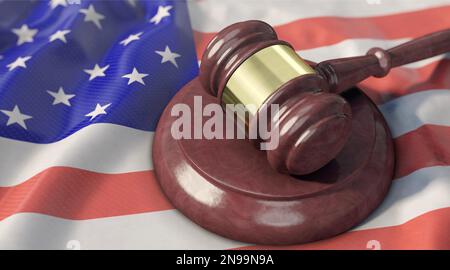 Oberster Gerichtshof - der Gavel des Richters liegt auf der US-Flagge Stockfoto