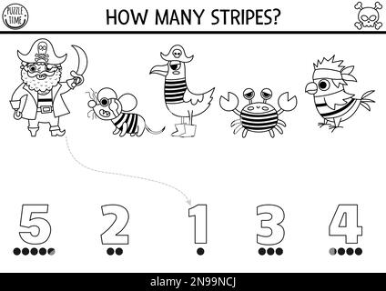 Schwarz und Weiß passen zu den Zahlen des Piratenspiels und den Tieren in gestreiften Hemden. Treasure Island jagt Mathematik-Aktivitäten für Vorschulkinder. Ein Abenteuer auf dem Meer Stock Vektor