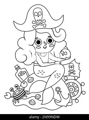 Schwarz-weiß-Märchen-Vektor-Meerjungfrau, die auf einem Felsen sitzt. Line Fantasy Girl mit Sea Raider Accessoires isoliert auf weißem Hintergrund. Treasu Stock Vektor