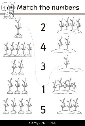 Das ökologische Schwarz-Weiß-Spiel lässt sich mit einem Mädchen vergleichen, das Bäume pflanzt. Erd Day oder Garten Mathematik-Aktivität für Vorschulkinder. Aufklärung über Umweltbewusstsein Stock Vektor