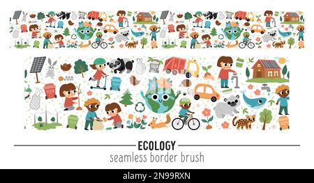 Ökologischer, horizontaler, nahtloser Vektorpinsel mit süßen Kindern, die sich um die Natur kümmern. Grenze des Erdtags. Süße Umgebung, die sich wiederholt Stock Vektor