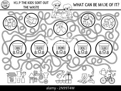 Ökologisches schwarz-weißes Labyrinth für Kinder mit Kindern, die den Müll aussortieren. Erd-Day-Vorschulaktivität. Keine verschwenderische Labyrinth-Farbseite. - Was? Was Stock Vektor