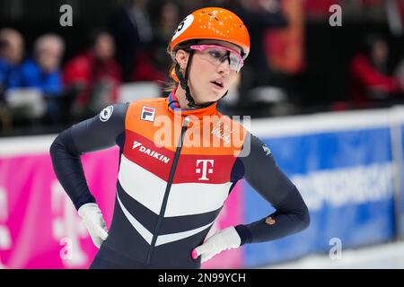 Dordrecht, Niederlande. 12. Februar 2023. DORDRECHT, NIEDERLANDE - FEBRUAR 12: Suzanne Schulting der Niederlande während der ISU-Weltmeisterschaftsfinale am Optisport Sportboulevard am 12. Februar 2023 in Dordrecht, Niederlande (Foto: Douwe Bijlsma/Orange Pictures) NOCNSF Credit: Orange Pics BV/Alamy Live News Stockfoto