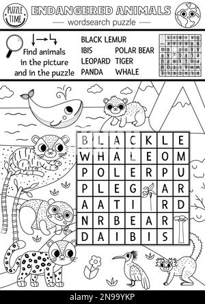 Vektorökologisches Wortschreibrätsel für Kinder mit gefährdeten Arten. Schwarz-Weiß-Welt-Stichwortsuche-Quiz mit ausgestorbenen Tieren in freier Wildbahn Stock Vektor