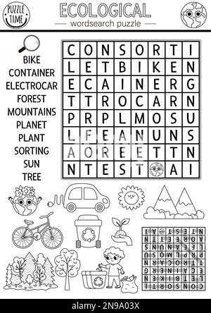 Vektorrätsel für die ökologische Wortsuche für Kinder. Schwarzweiß-Erde-Tag-Wortsuche, Malseite mit Wald, Müllsortierung, Planet. Umweltbewusstsein Stock Vektor