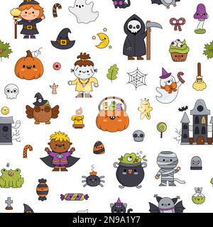 Vector Kawaii Halloween Nahtloses Muster für Kinder. Süßer Cartoon-Samhain-Party-Wiederholungshintergrund. Gruselige Sammlung mit Kürbis, Spukhaus, Hexe, Stock Vektor
