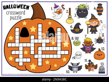 Vector Halloween Kürbis-förmiges Kreuzworträtsel für Kinder. Quiz zum Herbsturlaub für Kinder. Pädagogische Aktivität mit Kawaii-Symbolen. Süße Heilige Stock Vektor