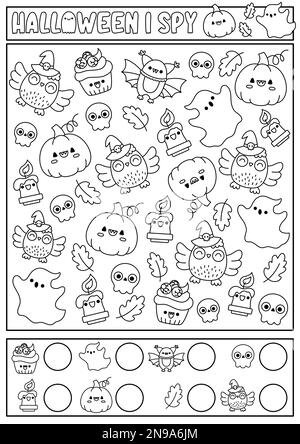 Halloween schwarz-weiß. Ich sehe Spiele für Kinder. Suchen und Zählen von Leinen mit niedlichen Kawaii-Urlaubssymbolen. Beängstigendes, im Herbst druckbares Arbeitsblatt Stock Vektor