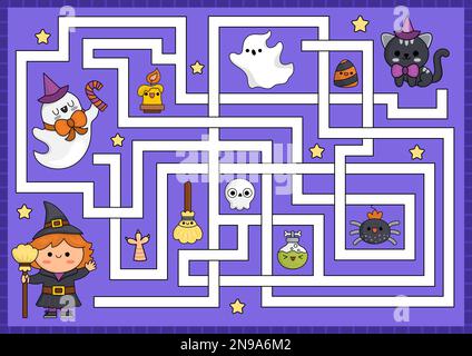 Halloween-Labyrinth für Kinder. Die Herbstferien für Vorschulkinder sind ausdruckbare Aktivitäten mit süßer Kawaii-Hexe, Katze, Geist. Gruseliges Labyrinth oder Puzzle mit süßem Zeichen Stock Vektor