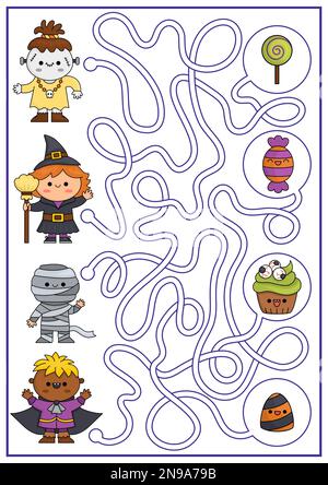 Halloween-Labyrinth für Kinder. Herbstferien Vorschule druckbare Aktivität mit süßen Kawaii-Kindern und Süßigkeiten. Gruseliges Labyrinth-Spiel mit niedlichen Figuren. Stock Vektor