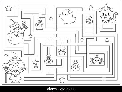 Halloween schwarz-weißes Labyrinth für Kinder. Herbstfeiertag Vorschule druckbare Aktivität mit süßer Kawaii Hexe, Katze, Geist. Beängstigende Labyrinthfärbung Stock Vektor