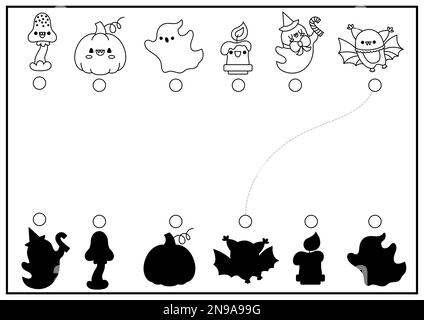 Halloween-Schwarz-Weiß-Schattenspiel. Ein Weihnachtsrätsel im Herbst mit niedlichen Kawaii-Symbolen. Suchen Sie das richtige Arbeitsblatt zum Ausdrucken der Silhouette. Alle s. Stock Vektor