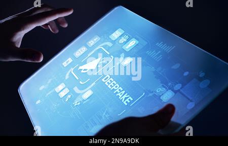 Deep Fake News Künstliche Intelligenz in Medientechnik Konzept auf virtuellem Bildschirm. Stockfoto