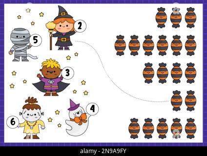 Halloween-Spiel mit Süßigkeiten und süßen Kawaii-Kindern. Mathematikaktivität im Herbst für Vorschulkinder. Ausdruckbare Zählung für Bildungszwecke w Stock Vektor