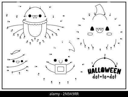 Vektor-Halloween-Punkt-zu-Punkt- und Farbenspiel mit niedlichen Kawaii-Figuren. Herbstferien verbinden das Dots-Spiel für Kinder. Alle Heiligen malen Tag Stock Vektor