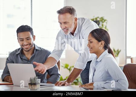 Je mehr Hände an Deck sind, desto schneller wird es erledigt. Eine Gruppe von Geschäftsleuten, die ein Notebook in einem modernen Büro verwenden. Stockfoto