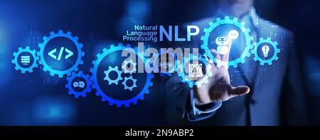 NLP Natural Language Processing Konzept. Neuronales Netzwerk der künstlichen Intelligenz. Stockfoto