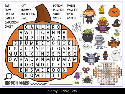 Vektor-Halloween-Kürbis-förmiges Wortsuchrätsel für Kinder. Quiz zum Herbsturlaub für Kinder. Pädagogische Aktivität mit Kawaii-Symbolen. Süßer allesfresser Stock Vektor