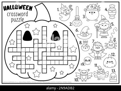 Schwarz-weißes Halloween-Kreuzworträtsel in Kürbisform für Kinder. Quiz zum Herbsturlaub für Kinder. Pädagogische Aktivität mit Kawaii-Symbolen. Stock Vektor