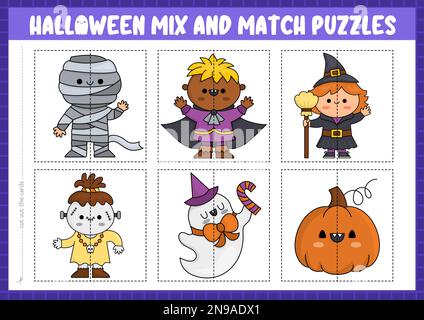 Vector Halloween Puzzle mit niedlichen Kawaii-Figuren. Passende Samhain-Party-Aktivitäten für Vorschulkinder. Pädagogisches, druckbares Spiel mit Stock Vektor