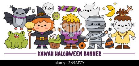 Horizontales Halloween-Banner mit niedlichen Kawaii-Figuren für Kinder. Vektorhexe steht mit Vampir, Mumie, Fledermaus, Frosch, Geist. Süße Allerheiligen Tag krank Stock Vektor