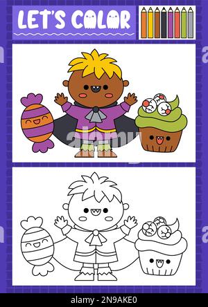 Halloween-Malseite für Kinder mit niedlichem Kawaii-Vampir, Süßigkeiten. Vektorferien im Herbst. Farbbuch für Kinder mit farbigem Ex Stock Vektor