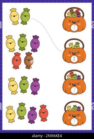 Halloween-Spiel mit süßen Süßigkeiten und süßem Kawaii-Kürbis. Mathematikaktivität im Herbst für Vorschulkinder. Ausdruckbare Bildzählung Stock Vektor